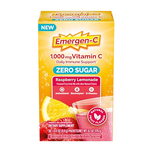 Emergen-C Zero Sugar 1000 mg Vitamin C Powder for Daily Immune Support Caffeine Free Vitamin C Supplements with Zinc and Manganese, B Vitamins and Electrolytes, Raspberry Lemonade Flavor – 36 Count