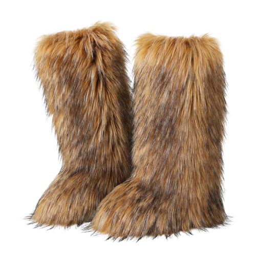 CELNEPHO Women's Fur Boot Comfortable Furry Knee High Boots Round Toe Warm Snow Boots Fashion Winter Boots