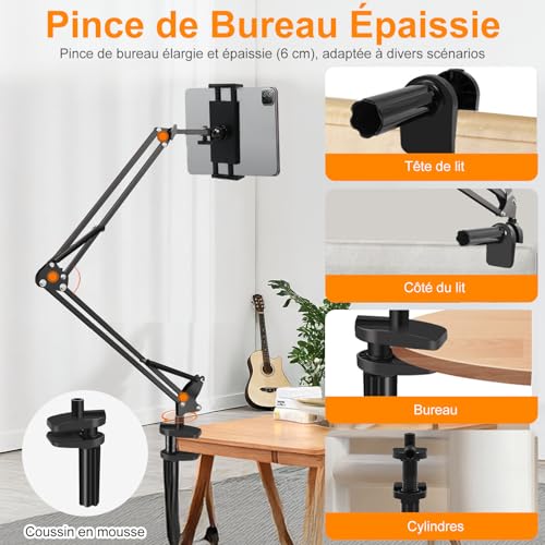 Support Tablette Lit 360° pour Écrans 4,7 à 13 Pouces et Surfaces de 6,5 cm Max