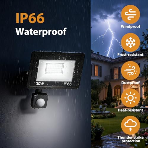 30W Security Lights Outdoor Motion Sensor, 3000LM LED Floodlight IP66 Waterproof, 6500K Cold White Outside Light Mains Powered for Garage, Garden, Backyard-2 Pack - Image 5