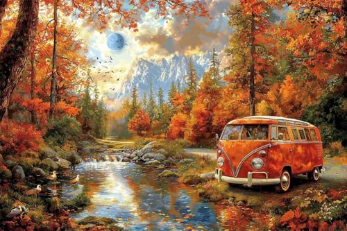 Adultos y Principiantes Diamond Painting Taladro Completo 5D DIY Arts Kits Autobús Del Bosque Otoñal Imagen Bordado Diamante Pintura Pintura Para Decoración Pared Hogar Taladro Redondo 90x135cm C0552