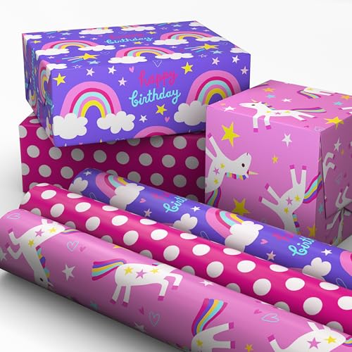 Hallmark Kids Birthday Wrapping Paper Mini Rolls 3-Pack (Unicorns Rainbows on Purple Pink with White Polka Dots) for Birthday Parties Easter Baby Showers Any Occasion - 60 Sq. Ft. Total