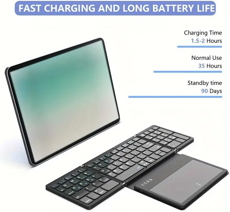 Image showing a tablet and the unfolded keyboard with text indicating charging time, normal use, and standby time.