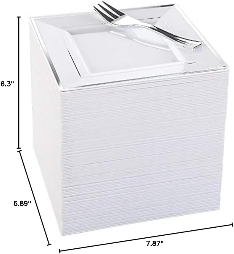 WDF Silver Plastic Dessert Plates with Plastic Forks - 6?100 Square Disposable Appetizer Plates Small Plates Cake Plates with Silver Rim &100 Small Appetizer Forks for Baby Shower Spring Birthday - Image 7