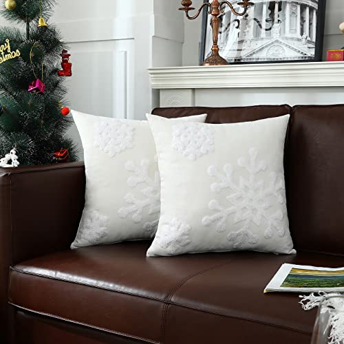Mixeoo Santa White Winter Decorative Throw Pillow Covers Snowflake Embroidered Soft Thick Durable Square Solid Cushion Cases For Sofa Living Room, Pack Of 2, 18 X 18 Inch #TOP1