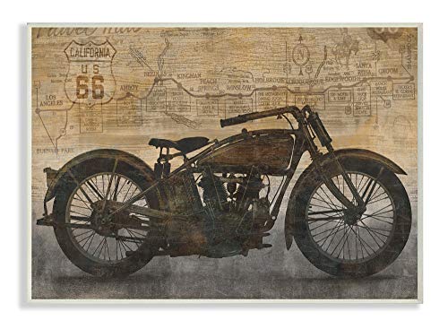 The Stupell Home Décor Collection Tan and Black Sepia Motorcycle with Faded Road Map Texture Wall Plaque Art, 13 x 19, Multi-Color