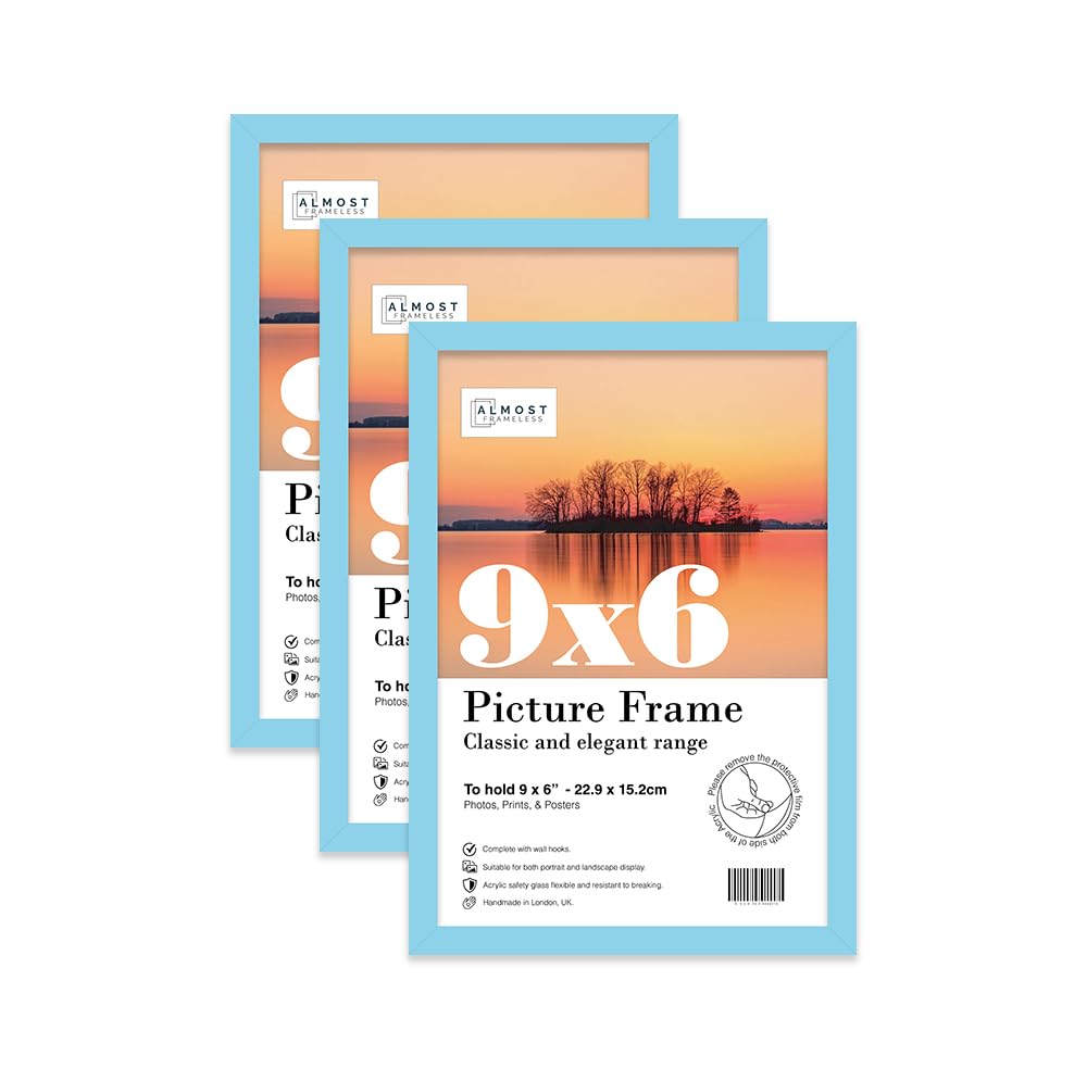 Almost Frameless 9x6 Light Blue Picture Frame Set of 3, Display 9x6 Picture Gallery Wall, Poster, Photo, Artwork, or Print, Yellow