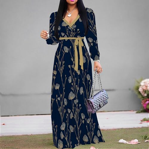 Image of PinkPatty Women's Print Maxi Dresses 3 /4 Sleeve Flowy Long Dress V Neck Wrap Tie Waist Sundress