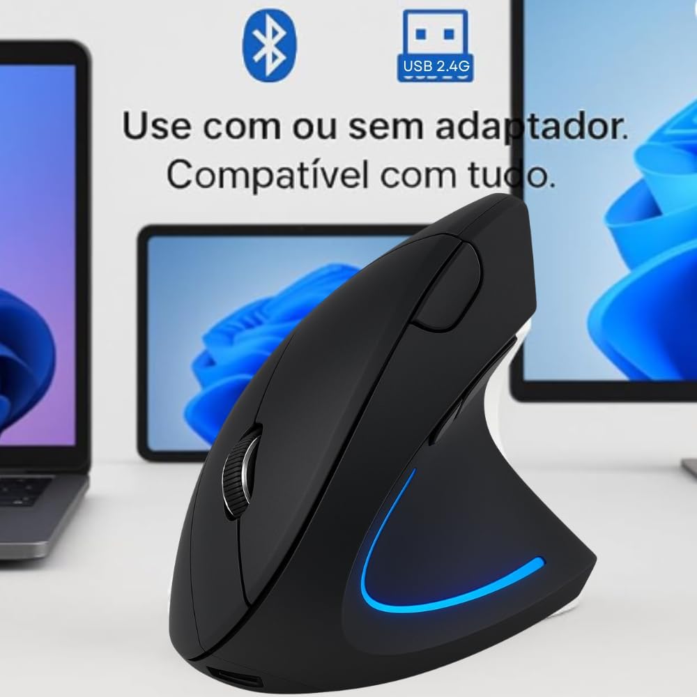 Mouse Vertical Ergonômico Sem Fio Recarregável RGB DPI Ajustável USB 2.4G Compatível com Windows Mac Redução deTensão no Pulso