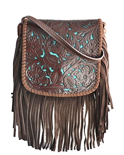 western floral tooled 100% leather fringe cross body purse (brown) Small