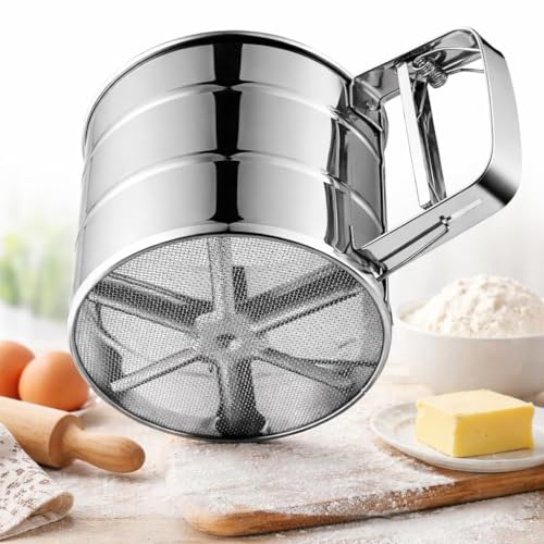 Image of Stainless Steel Flour Sifter with Hand Crank Double Mesh Fine Sieve for Baking Atta Maida Sugar Cocoa Powder Kitchen Tool