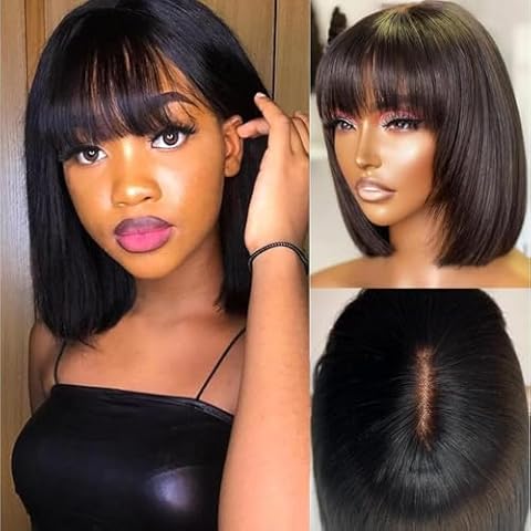 Lace Wig Straight Short Bob Wig Human Hair Short Black Bob Wig With Bangs 180% Density Middle Part 3x1 Natural Color Brazilian Human Virgin Hair Wigs (Bob With Bangs, 10 inch) Cover