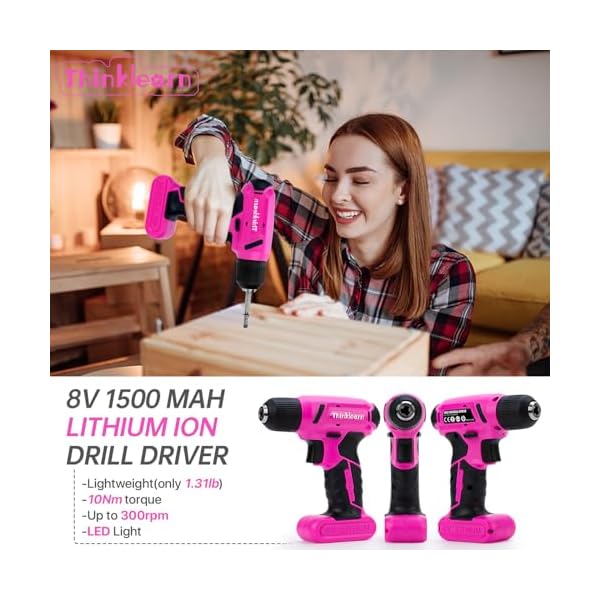 64PCS Pink Tool Set with Cordless Drill, 8V Power Drill and Pink Tool Kit for Women, 3/8"Keyless Chuck Electric Screwdriver Driver Kit for Home DIY and Repair, USB Charger and Storage Box Included - Image 3