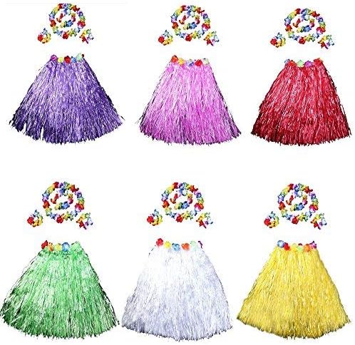 HLJgift 24'' Long Adult's Flowered Luau Hula Skirts With Costume Set Pack of 6, Assorted Colors