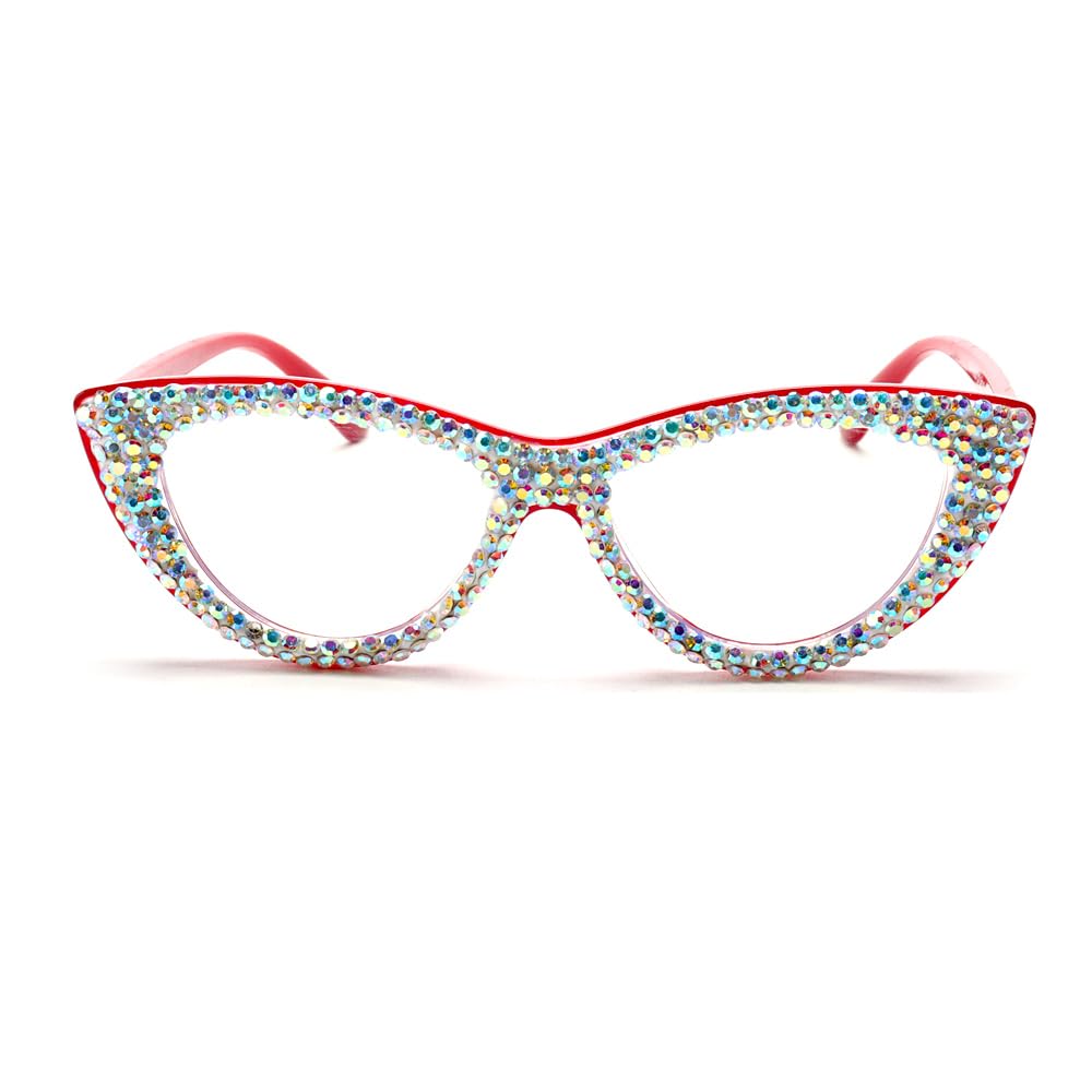 ICARA Crystal Rhinestone Blue Light Blocking Reading Glasses Fashion Cat Eye Computer Readers for Women (red, 2)