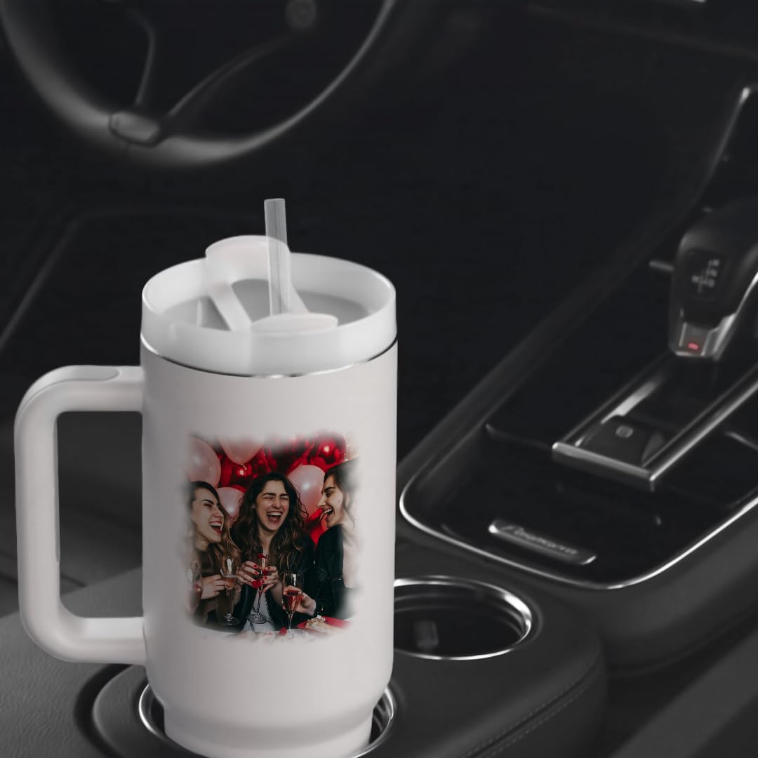 Thermobecher 1,2L personalisiert mit Strohhalm & Griff – Großer Edelstahl Kaffeebecher To Go, Isolierbecher mit Deckel, Mehrweg Trinkbecher für unterwegs, Becher mit Text und Foto personalisierbar