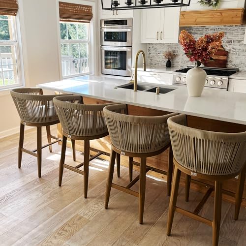 Image of PURPLE LEAF 4 PCS Outdoor Height Bar Stools Rattan with Cushion, Teak