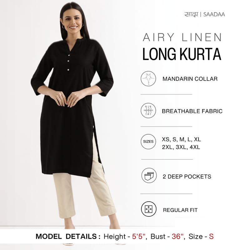 Image of SAADAA Women's Linen Straight Fit Straight Long Kurta Airy Plain Kurta, 3 /4 Sleeve, Knee Length Kurtis with Pockets, Casual and Office Wear