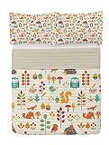 ABAKUHAUS Niños Juego de Colcha de Microfibra, Búho Fox Ardilla Aves, Juego de Cama Suave con Fundas de Almohada y edredón, 264 cm x 220 cm, Damasco Beige