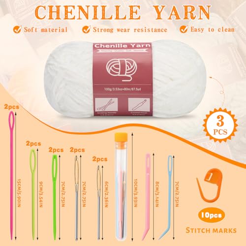 Image of LUNARM Chenille Yarn 3 Pack 3.5oz Chunky Blanket Velvet Yarn 263 Yard | White Chunky Chenille Yarn for Beginners Crocheting Hand Knitting Scarves with Big Eye Needles Machine Washable