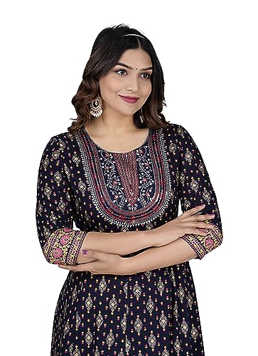 Image of Women's Rayon Embroidered Anarkali Kurti | Elegant Blue & Pink Long Kurti for Women | Premium Ethnic Wear for Diwali & Wedding | Stylish Comfortable Festive Outfit in Floral Design
