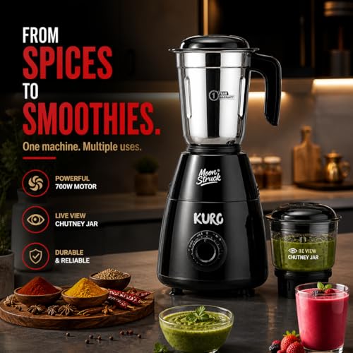 Image of Moonstruck Kuro Up to 700W Mixer Grinder | HeatShield Motor | LiveView Chutney Jar | Perfect for Bachelors, Couples & Small Kitchens | SpiceCrush Technology | 2 Year Warranty (Black)