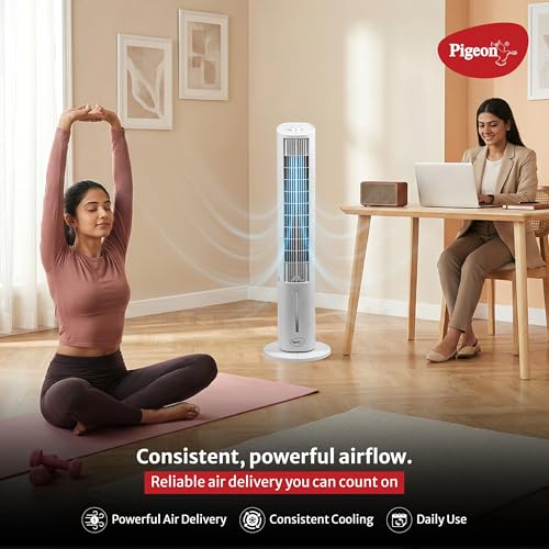 Image of Pigeon High Performance Tower Fan with Manual Control, 3 speed settings, Quiet Operation, Low Power Consumption and Lightweight Portable Body, White