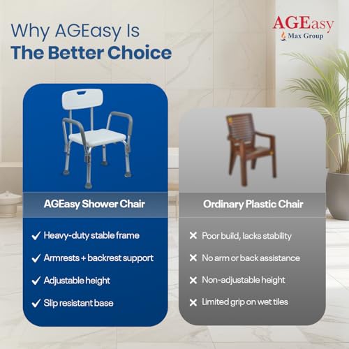 Image of AGEasy (Max Group) Safesit Shower Chair for Seniors | Adjustable Bath Stool with Padded Armrests & Back | Shower Chair with Removable Back & Height Adjustable Legs for Bathroom, Bathtub