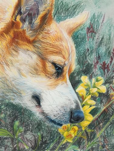 Point de croix Corgi 14CT kit broderie chien et fleurs 60x80cm