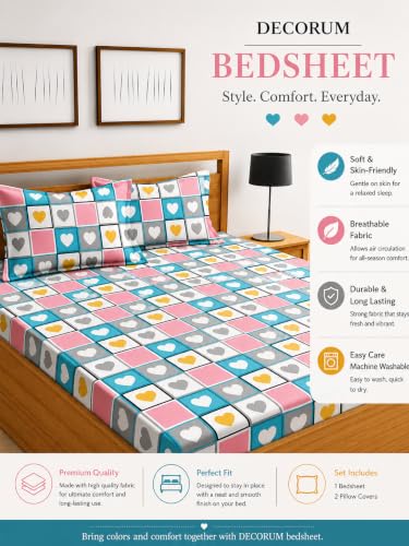 Image of DECORUM Glace Cotton Fitted 1 Bedsheet King Size (72 inchx78 inch) | All Around Elastic | Cotton Feel | 2 Pillow Covers (17 inchx27 inch) | Fits Up to 8 inch Mattress | 200-220 TC | Printed Double Bed Sheet Set