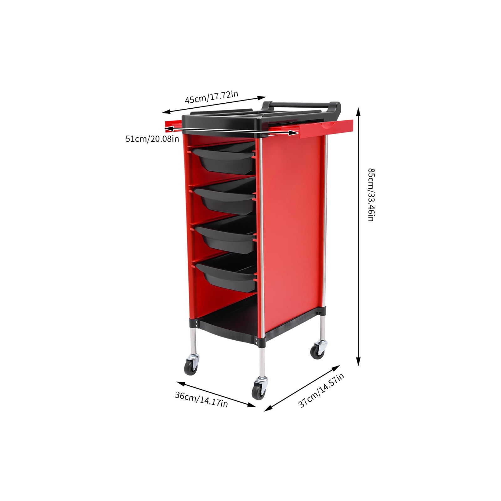 6 Etagen Friseurwagen mit 4 Schubladen und Räder, Bedienungswagen, Friseur Arbeitswagen Drehbar, Beauty Salon Trolley, Friseur Zubehör, Einziehbare Ablagen, 36 x 37 x 85cm (Rot)