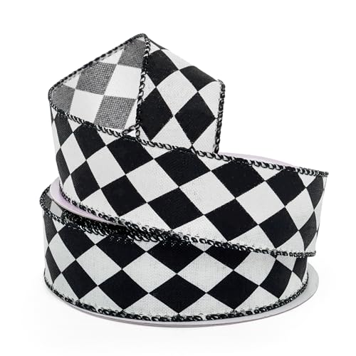 Paper Mart Harlequin Black and White Ribbon, Wired Fabric Ribbon, 1.5 Inches Wide x 10 Yards, Crisp Linen-Like Texture