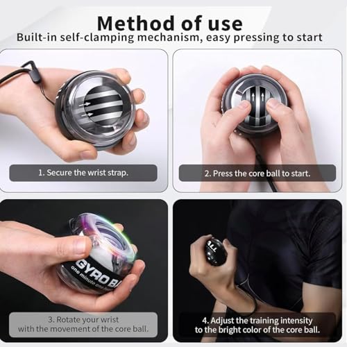 Image of Auto-Start Gyro Wrist Strengthener Ball for Grip, Forearm, Finger Exercise, Hand, Injury Recovery, Fitness Training & Muscle Building (Bag, Platinum Core, Lights, Metal Shell, Silver)