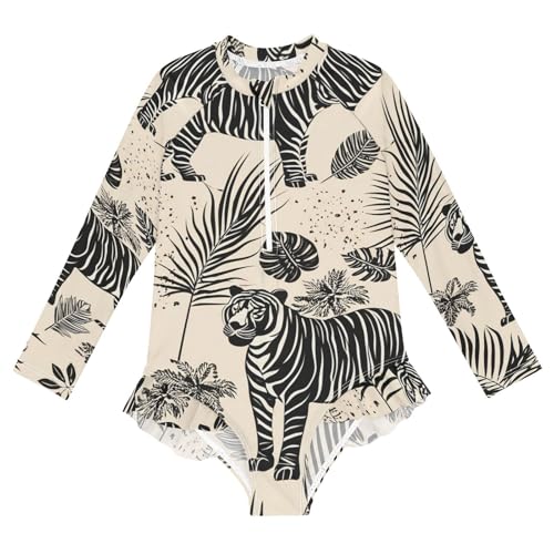 Black Tigers Tropical Beige Girls Long Sleeve One-Piece Swimsuit UV Protection Swimwear Bathing Suit 20861872