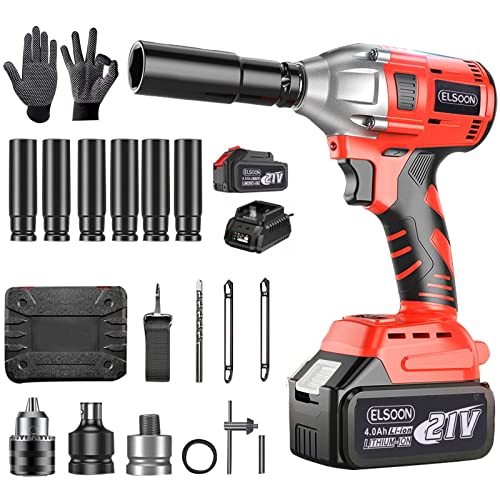 Elsoon Cordless Impact Wrench 1/2 Inch, 21V Brushless Power Impact Gun, Max Torque 310 Ft-Lbs (420N.m), 4.0Ah Li-Ion Battery, 6Pcs Driver Impact Sockets, High Torque Power Impact Wrench For Car Home #TOP5
