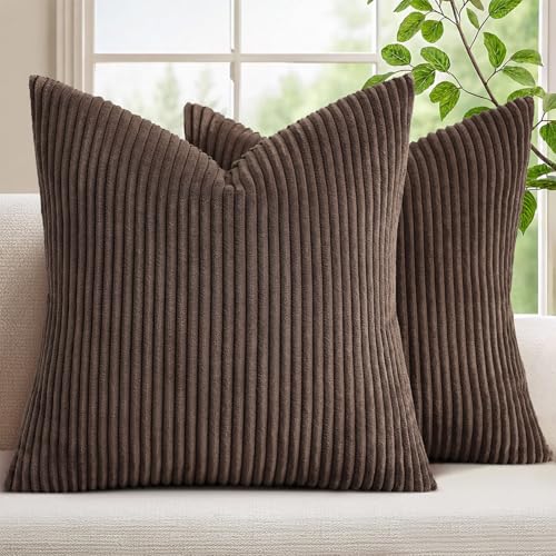 Image of Mecatny Corduroy Decorative Throw Pillow Covers 18x18 Set of 2 for Sofa Living Room, Soft Neutral Boho Couch Pillow Covers for Home Decor, Chocolate