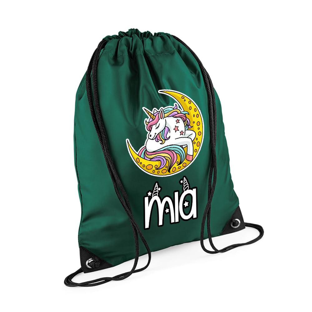 Unicorn Bag Gift For Girl, Personalised Backpack, Back To School Gift, Drawstring Bag, PE Gym Kit, Swimming, Sport Rucksack. (Bottle Green)