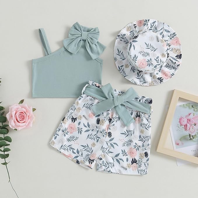 Image of Bold N Elegant Girls Cotton Sleeveless Modern Top and Floral Shorts with Belt and Hat Trendy Coords Set Baby Girl Party Dress Outfit