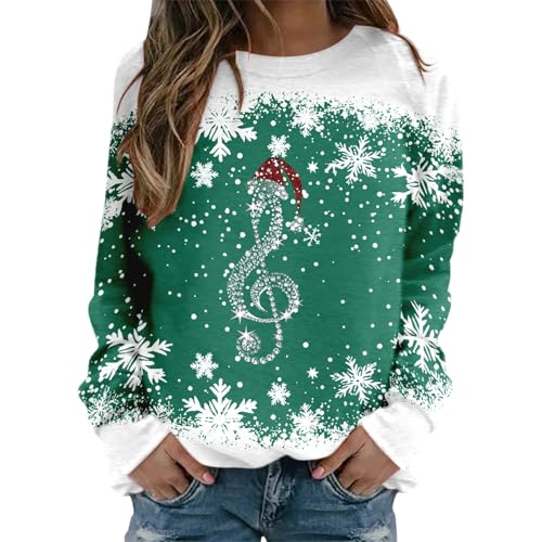 Generisch Jersey de Navidad para mujer, informal, estampado navideño, cuello redondo, manga larga, Verde-d., M