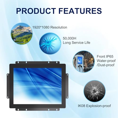 Image of 10-Point Touch Industrial Display 1024x768,IP65 Waterproof Front Panel 10.4 Inch Open Frame Capacitive Display, HD-MI VGA Port, Full Black Back Shell