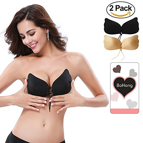 BoHong Strapless Self Adhesive Silicone Reusable Invisible Push-up Wing-Shaped Bras 2 PACK D cup