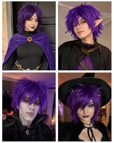 Image of Rose bud Anime Halloween Purple Wig for Cosplay Party Synthetic Layered Short Hair Wigs with Fringe Pastel Funny Wigs for Women Men