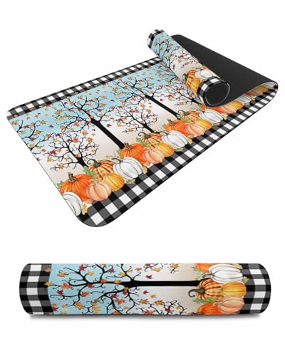 Debedcor Heat Proof Table Pads Waterproof Decorative, Fall Maple Leaf Non-Slip Table Countertop Protector, Watercolor Pumpkin Black Plaid Insulation Mat for Dining Room, 48 x 12 Inches