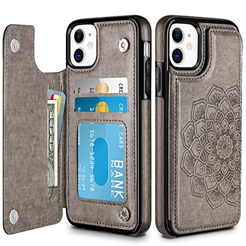 HianDier Wallet Case for iPhone 11 6.1-inch Slim Protective Case with Credit Card Slot Holder Flip Folio Soft PU Leather Magnetic Closure Cover for 2019 iPhone 11 iPhone XI, Mandala Gray