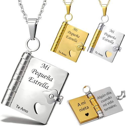 Collar Libro Para mi Nieta Personalizado Colgante de Libro Para Nieta Español Abierto con 6 Páginas de Información Grabada Ajustable Collar Nombre Personalizado Regalo de Cumpleaños (A, Plata)