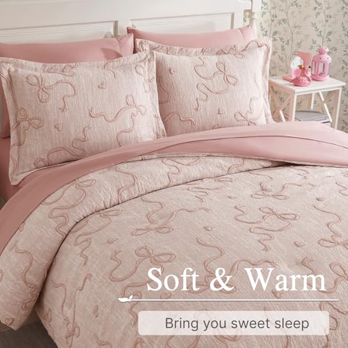 Image of Twin Comforter Set for Girls - 5 Pieces Pink Bedding Set Bow Bed in a Bag