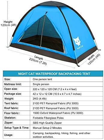 Night Cat Backpacking Tent for One 1 to 2 Persons Lightweight Waterproof Camping Hiking Tent for Adults Kids Scouts Easy Setup Single Layer 2 51oCCdlTopL. AC