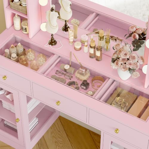 Image of Wodeer Makeup Vanity Desk with Mirror and Lights, Pink Vanity with Glass Top, LED Lights & Power Outlet, 3 Drawers & 2 RGB Glass Cabinets, Adjustable Lighted Dressing Table for Women & Girls Bedroom