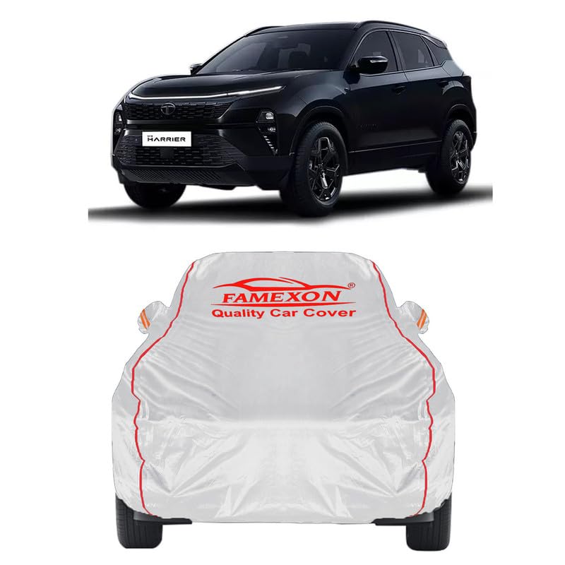 Image of Full Body Car Cover for Tata Harrier with Mirror and Antena Pocket Triple Stiched(Silver with Red Piping)