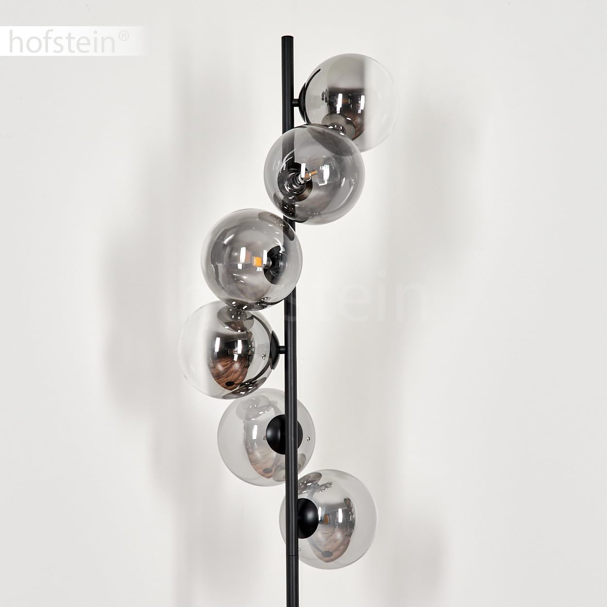 Lampada a stelo Remaisnil Lampada da terra in metallo/vetro nero/fumo/trasparente, paralume in vetro (Ø 15 cm), interruttore a pedale, 160 cm, 6 x G9